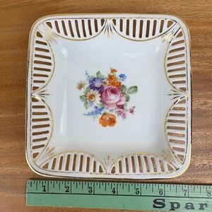 Vintage Schumann Bavaria Pierced Porcelain Dish Gold Trim Floral Bonbon Dish
